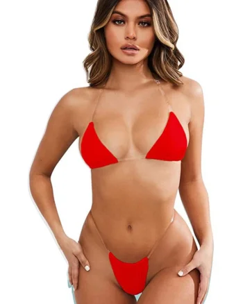 Costum de baie dama, 2 piese, imprimeu uni, bretele transparente, slip tanga, EFAYN RO, Rosu