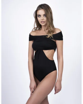 Body negru cu umeri lasati si decupaje laterale
