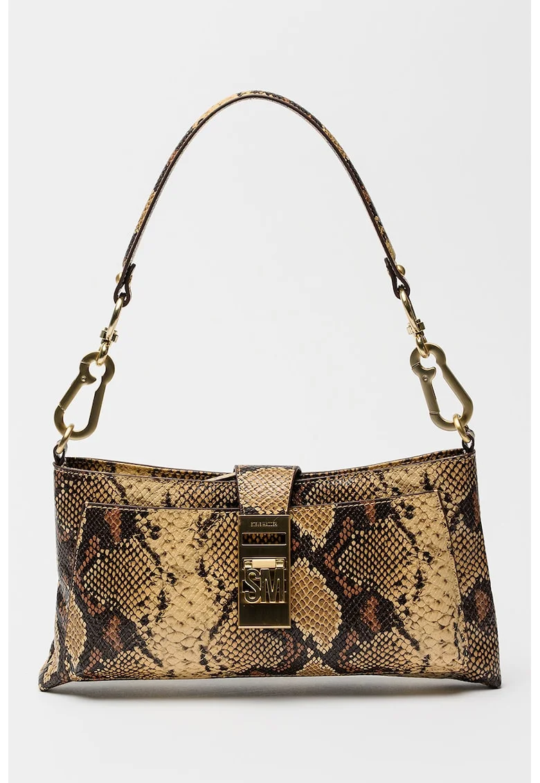 Geanta crossbody de piele ecologica cu model sarpe, Maro/Bej deschis