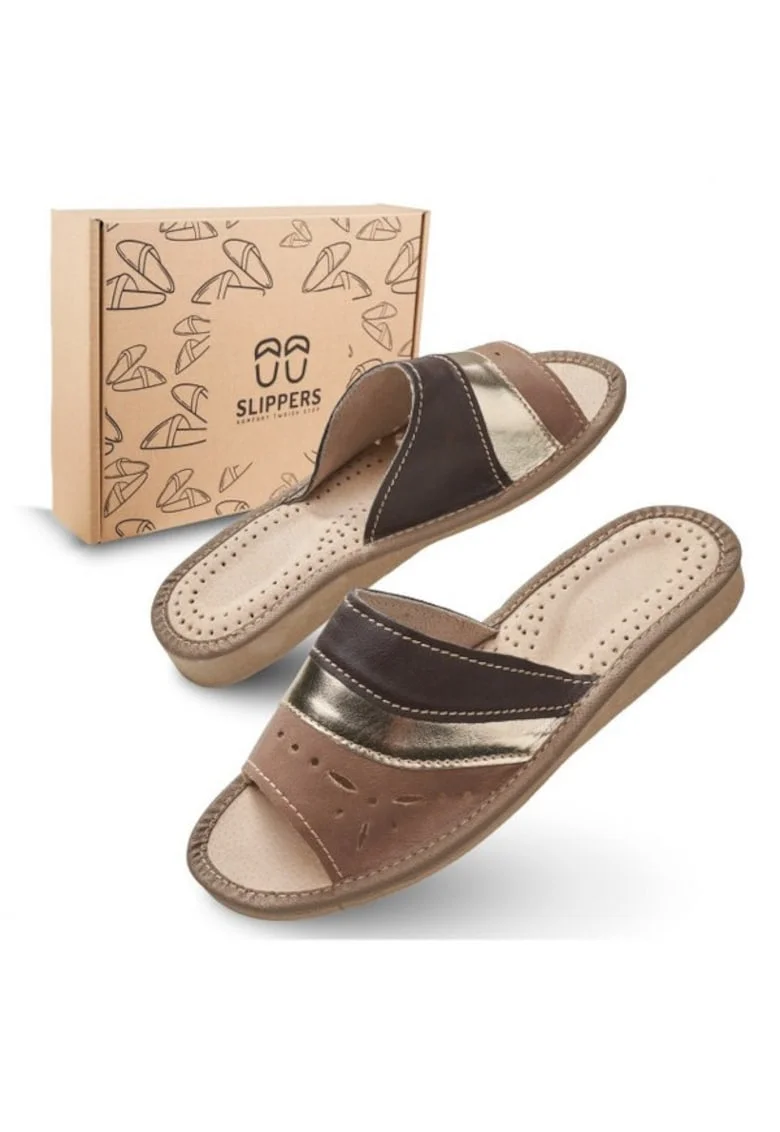 Slapi de dama, SLIP117, pentru casa, maro cu bareta aurie, confortabili, in cutie ecologica,  marimea