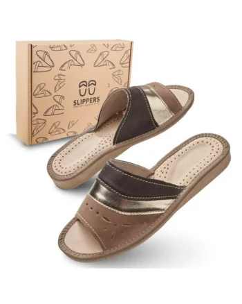 Slapi de dama, SLIP117, pentru casa, maro cu bareta aurie, confortabili, in cutie ecologica,  marimea