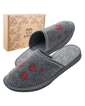 Papuci de casa pentru femei, din fetru gri cu flori, SLIP119, confortabili, intr-o cutie ecologica,, Gri