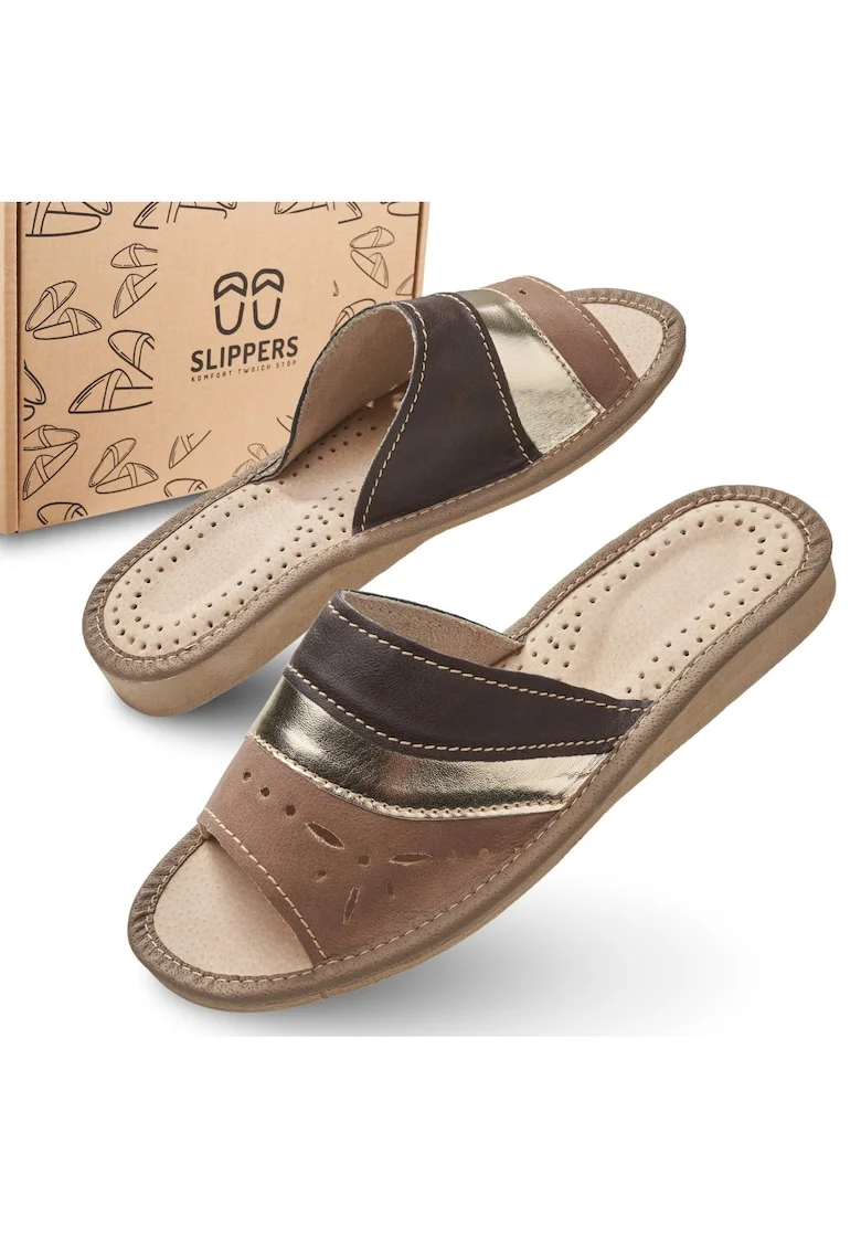 Slapi de dama, SLIP117, pentru casa, maro cu bareta aurie, confortabili, in cutie ecologica,, Maro