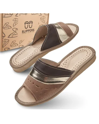 Slapi de dama, SLIP117, pentru casa, maro cu bareta aurie, confortabili, in cutie ecologica,, Maro