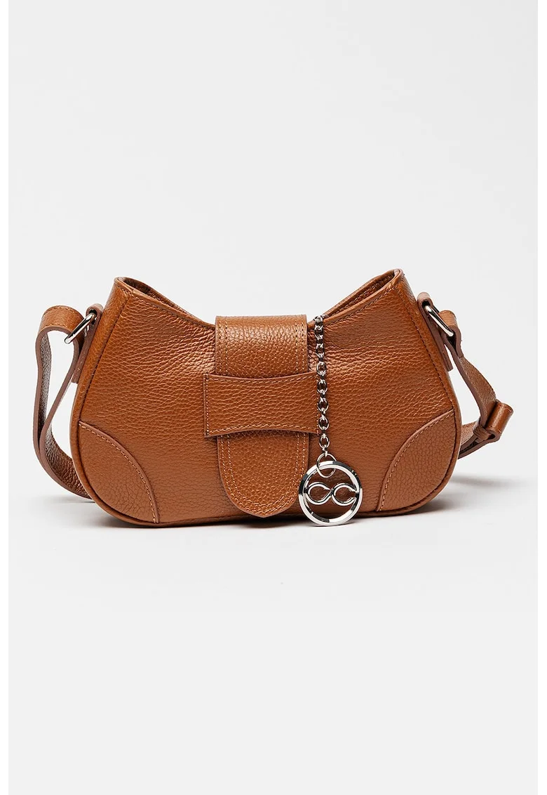 Geanta crossbody din piele cu inchidere cu clapa, Maro scortisoara