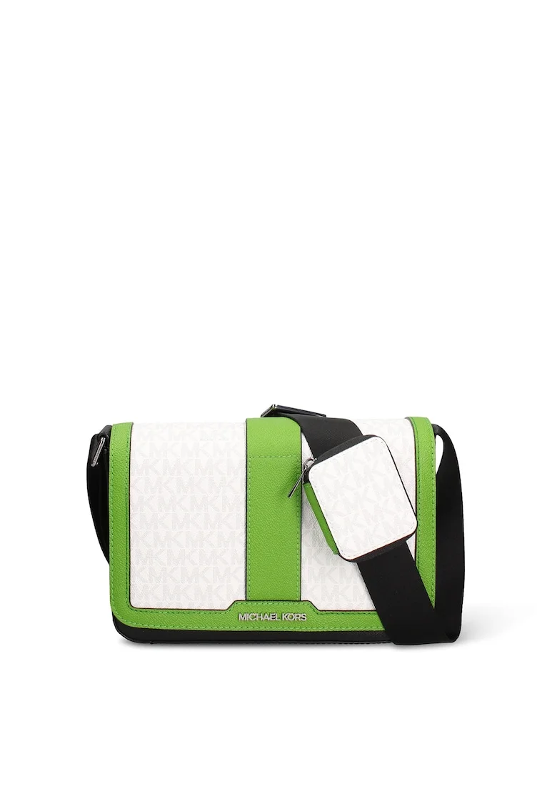 Geanta crossbody cu clapa si monograma, Alb/Verde