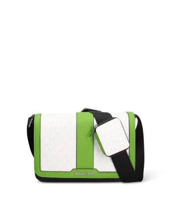Geanta crossbody cu clapa si monograma, Alb/Verde