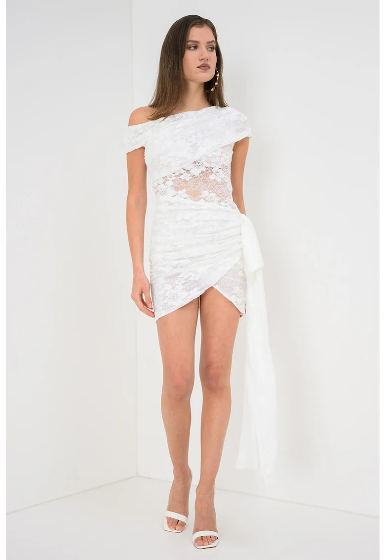 Rochie mini din dantela cu model petrecut, Alb murdar