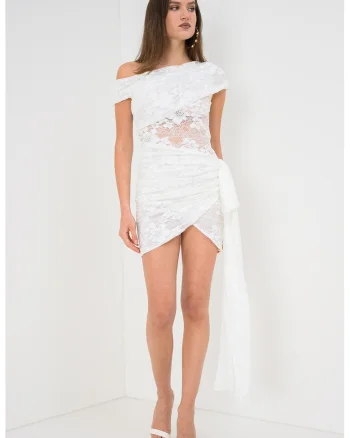Rochie mini din dantela cu model petrecut, Alb murdar