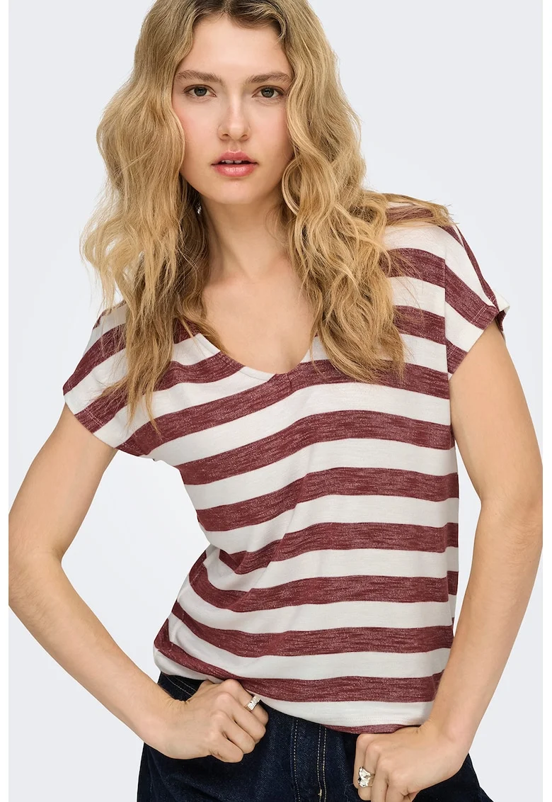 Tricou in dungi cu decolteu in V, Rosu/Alb murdar