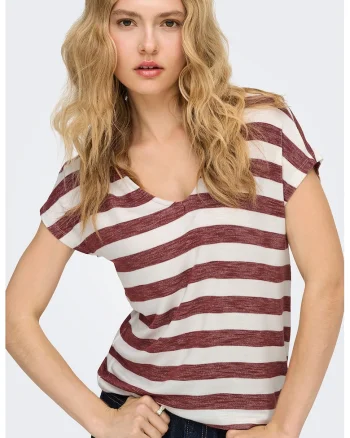 Tricou in dungi cu decolteu in V, Rosu/Alb murdar
