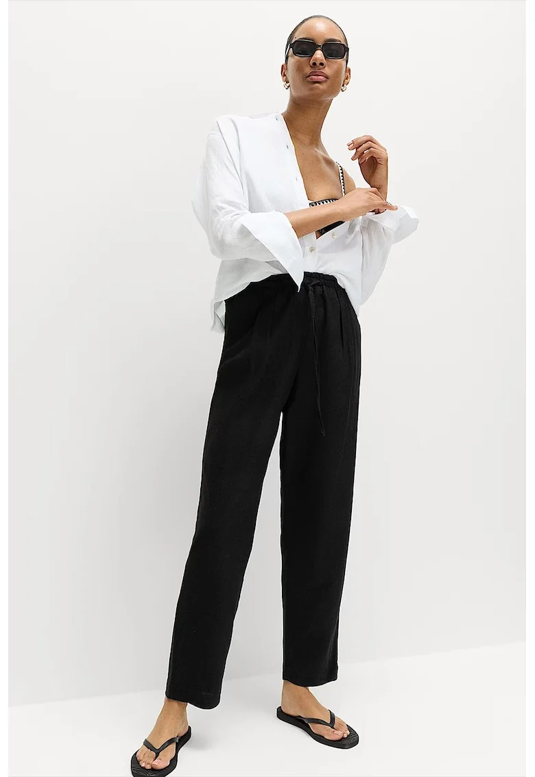 Pantaloni din amestec de in cu snur, Negru