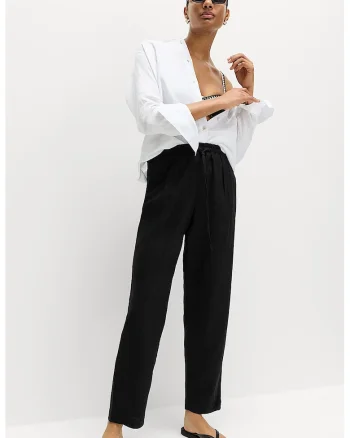 Pantaloni din amestec de in cu snur, Negru