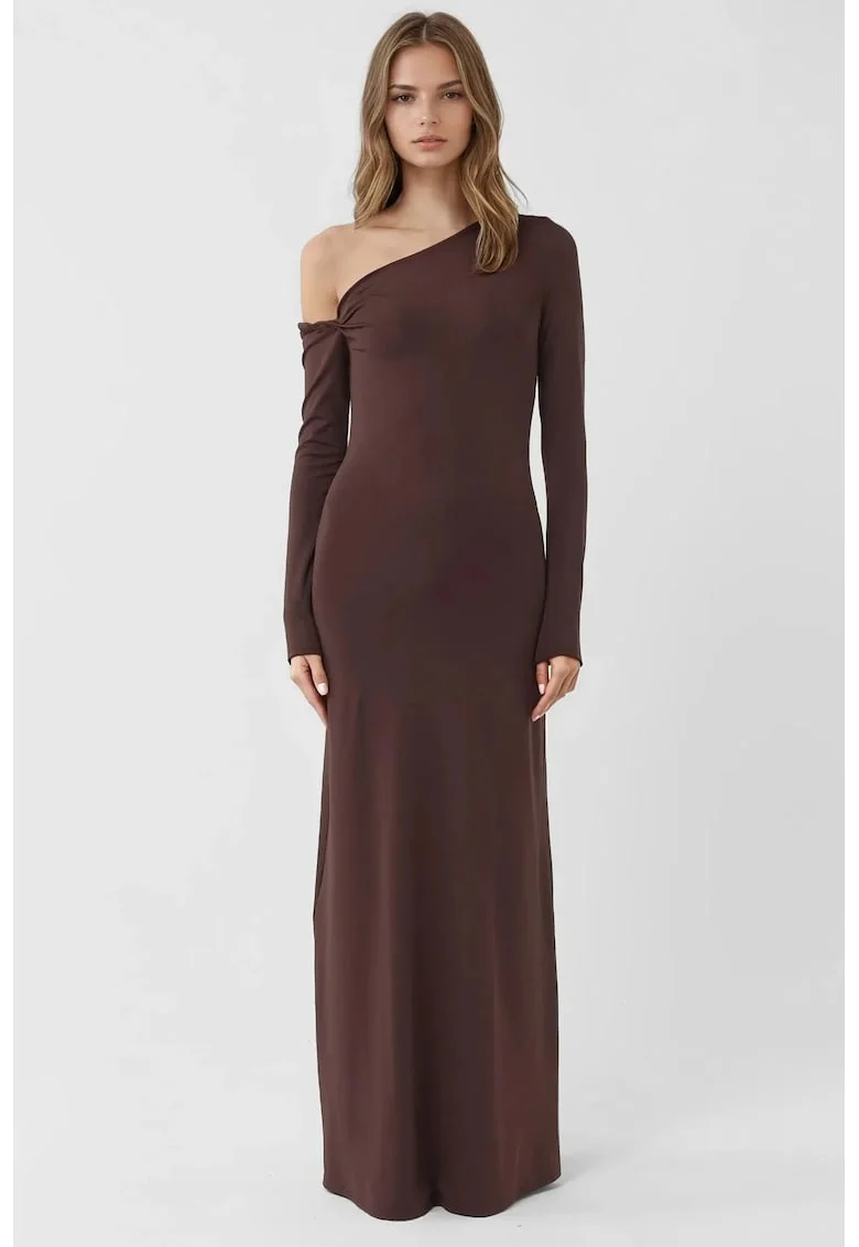 Rochie Maxi,  Bodycon cu Guler Asimetric, Maro, Jerseu