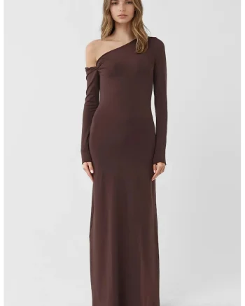 Rochie Maxi,  Bodycon cu Guler Asimetric, Maro, Jerseu