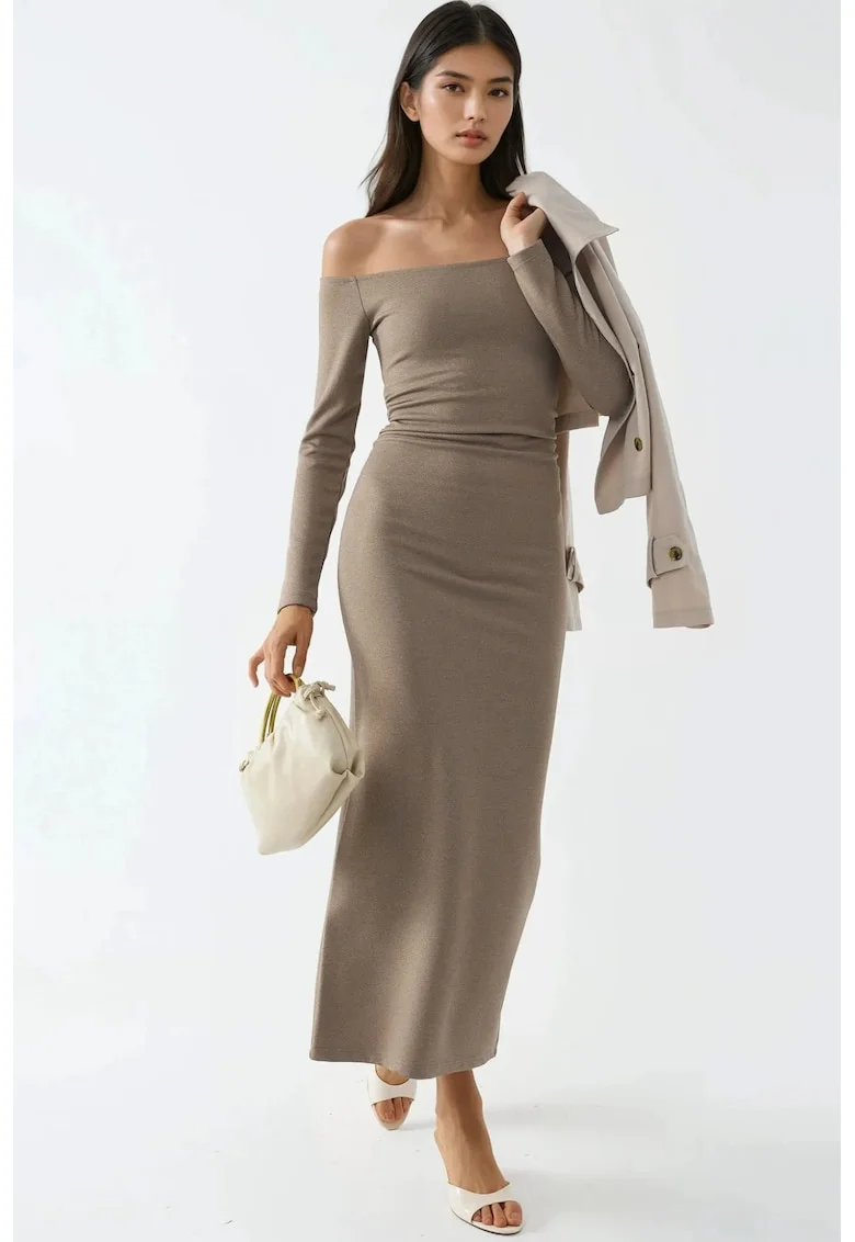 Rochie Maxi Bodycon  fara umeri, bej, jerseu