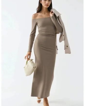Rochie Maxi Bodycon  fara umeri, bej, jerseu