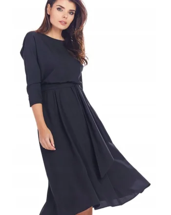 Rochie Dama,  Tricotata Midi, Croiala Bodycon Cambrata, Taietura Asimetrica, Nasturi Decorativi Aplicati, Tesatura Moale, Produsa in Polonia, Eleganta, Negru, Marime