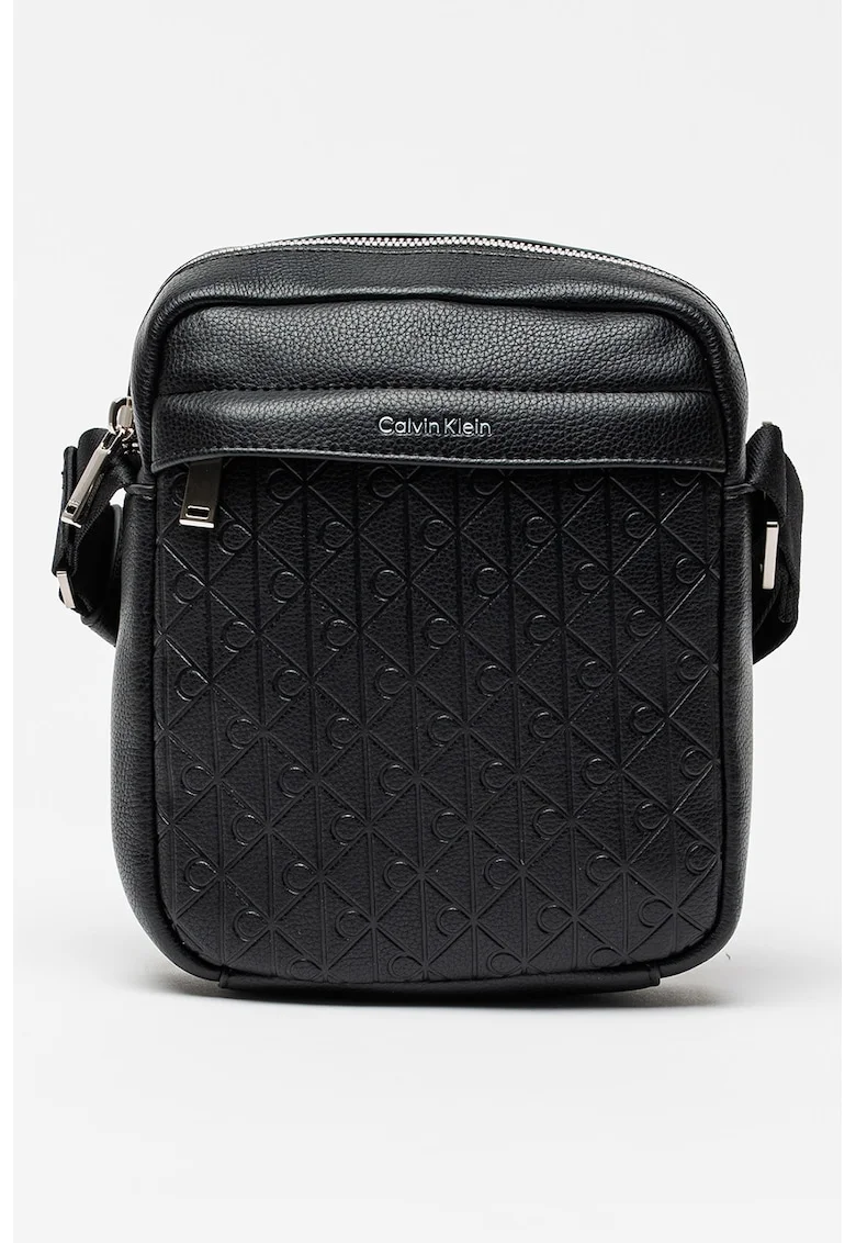 Geanta crossbody din piele ecologica cu emblema in relief Reporter, Negru