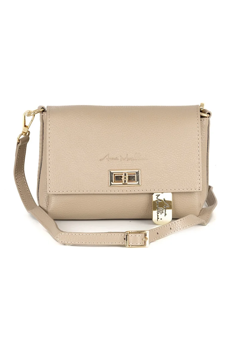 Geanta crossbody din piele cu accesoriu logo, Bej deschis