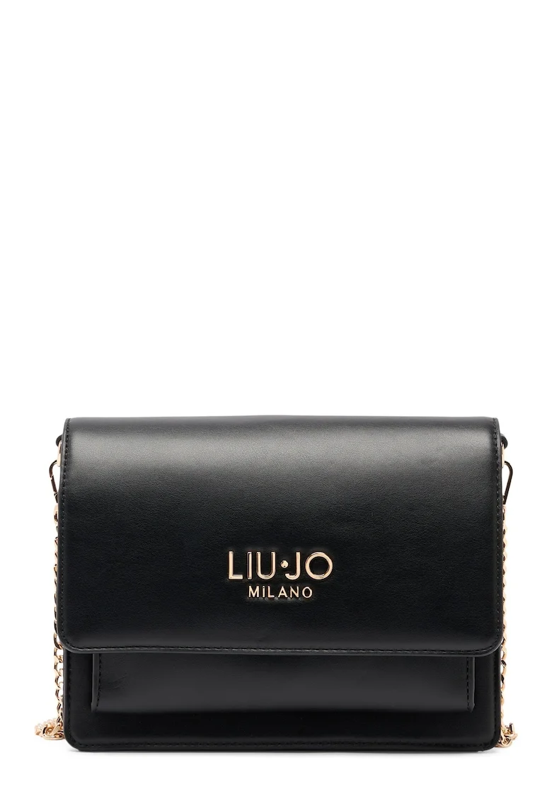 Geanta crossbody cu clapa si bareta din lant, Negru