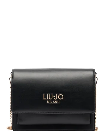 Geanta crossbody cu clapa si bareta din lant, Negru