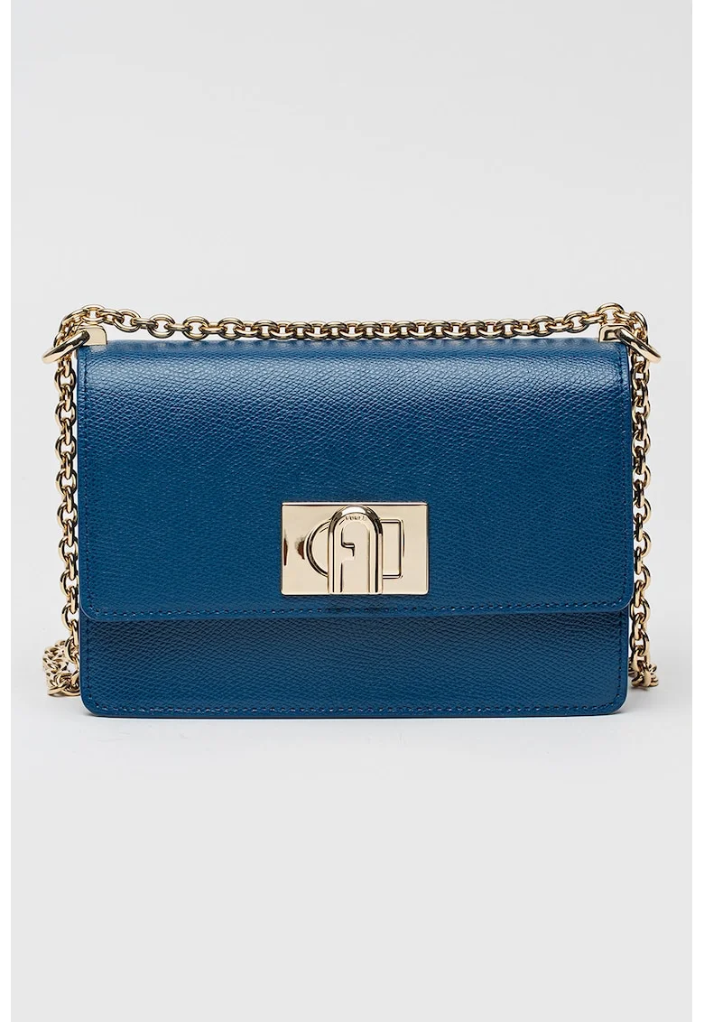 Geanta crossbody din piele cu bareta din lant si protectie pentru umar, Albastru ultramarin