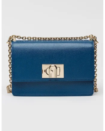 Geanta crossbody din piele cu bareta din lant si protectie pentru umar, Albastru ultramarin