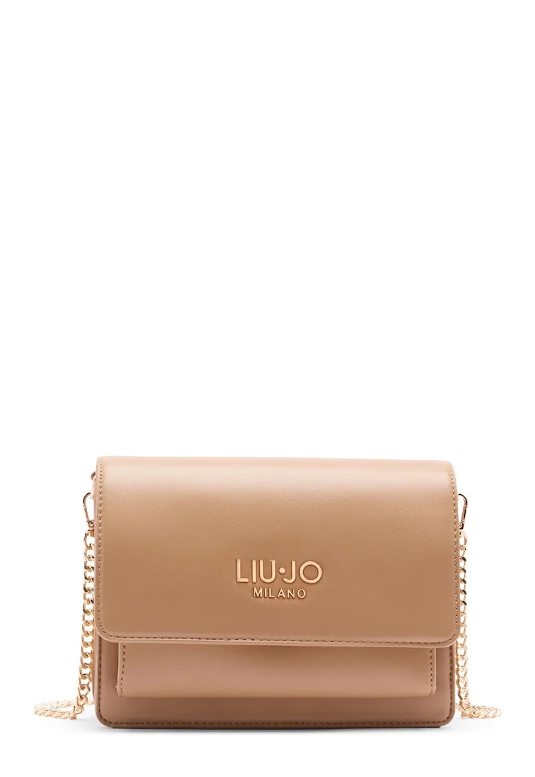 Geanta crossbody cu clapa si bareta din lant, Maro camel