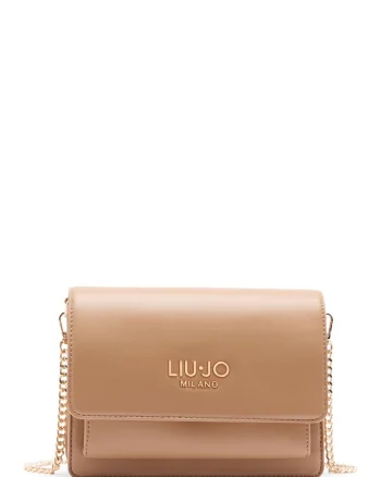 Geanta crossbody cu clapa si bareta din lant, Maro camel