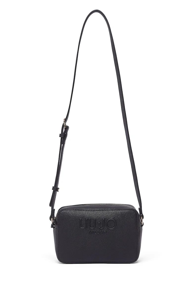 Geanta crossbody de piele ecologica cu logo in relief, Negru