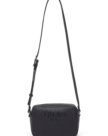 Geanta crossbody de piele ecologica cu logo in relief, Negru
