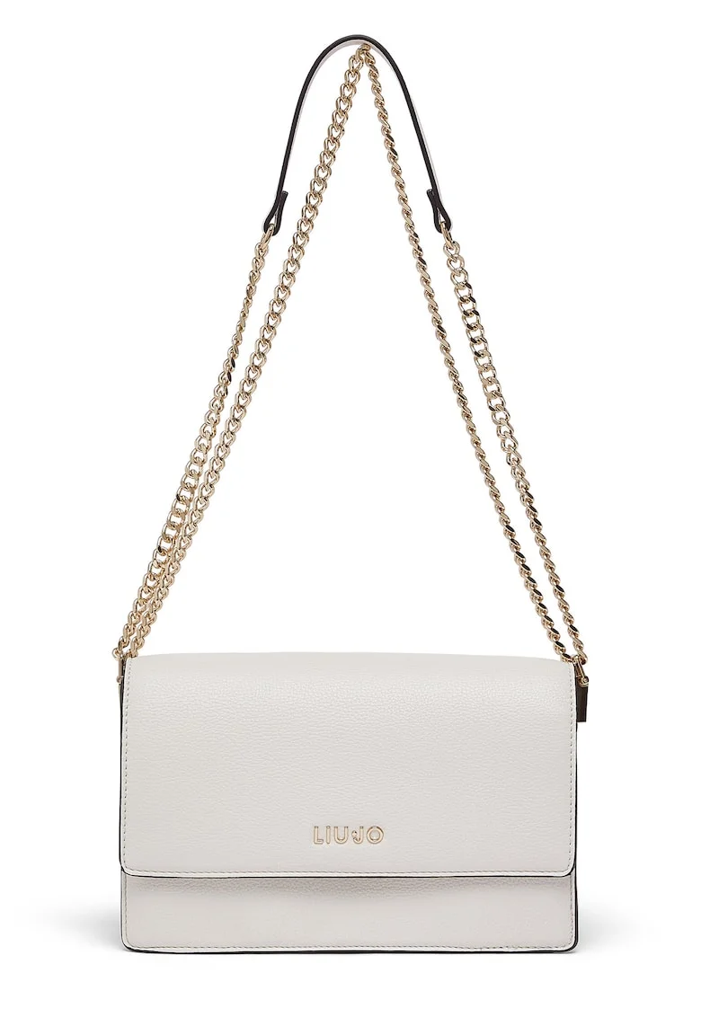 Geanta crossbody cu clapa si bareta lant, Alb murdar