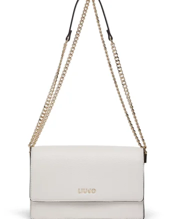 Geanta crossbody cu clapa si bareta lant, Alb murdar