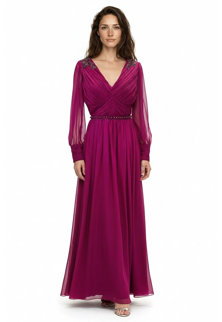 Rochie maxi din voal cu broderie Suhana, Magenta inchis
