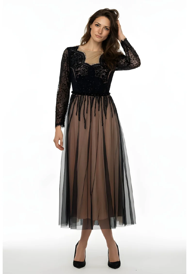 Rochie midi cu broderie si margele aplicate Evita, Negru/Bej