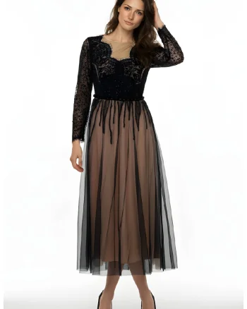 Rochie midi cu broderie si margele aplicate Evita, Negru/Bej