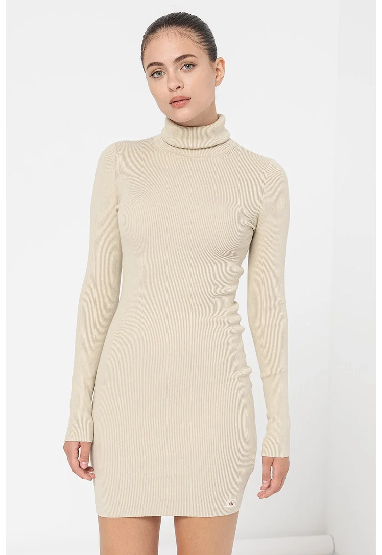 Rochie bodycon mini cu guler inalt, Maro camel