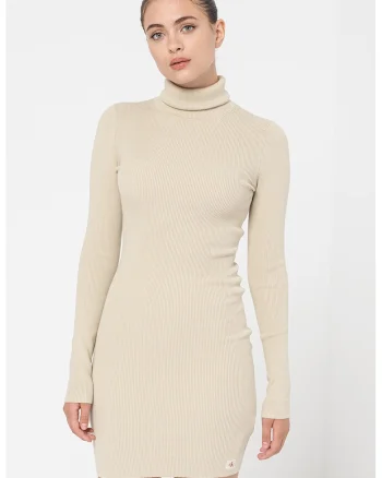 Rochie bodycon mini cu guler inalt, Maro camel