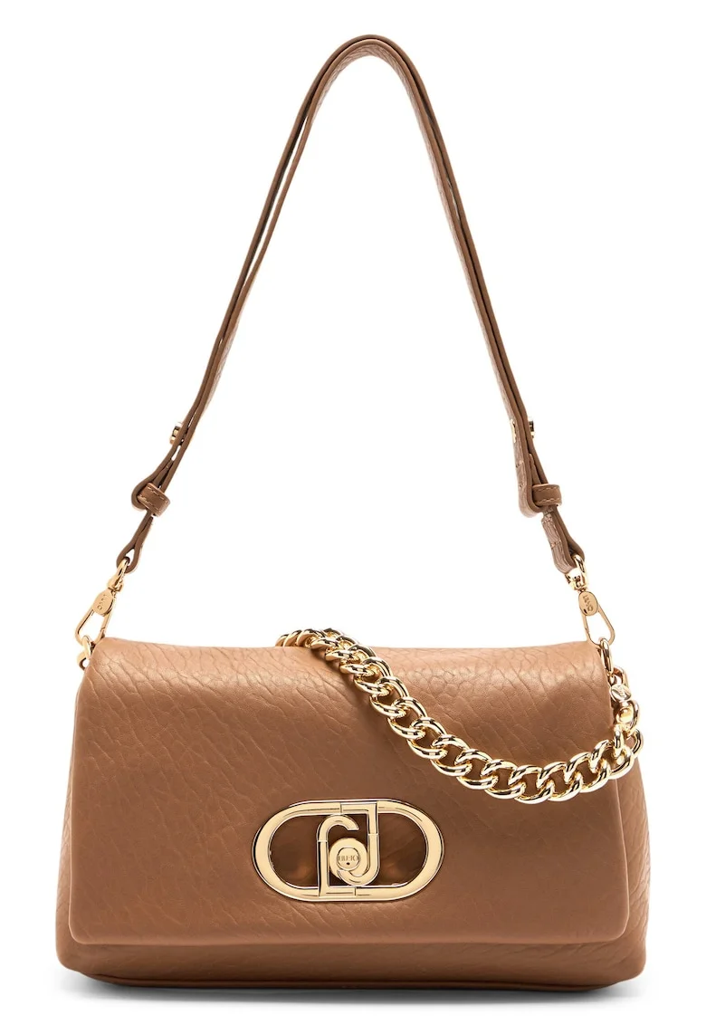 Geanta crossbody cu clapa si bareta de lant, Maro deschis