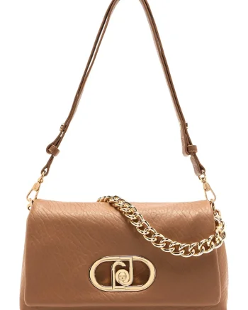 Geanta crossbody cu clapa si bareta de lant, Maro deschis