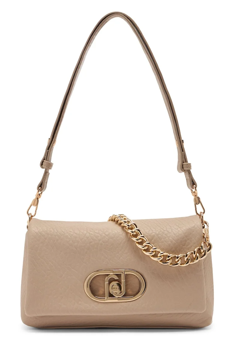 Geanta crossbody cu clapa si bareta de lant, Maro taupe deschis