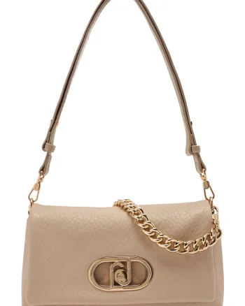 Geanta crossbody cu clapa si bareta de lant, Maro taupe deschis