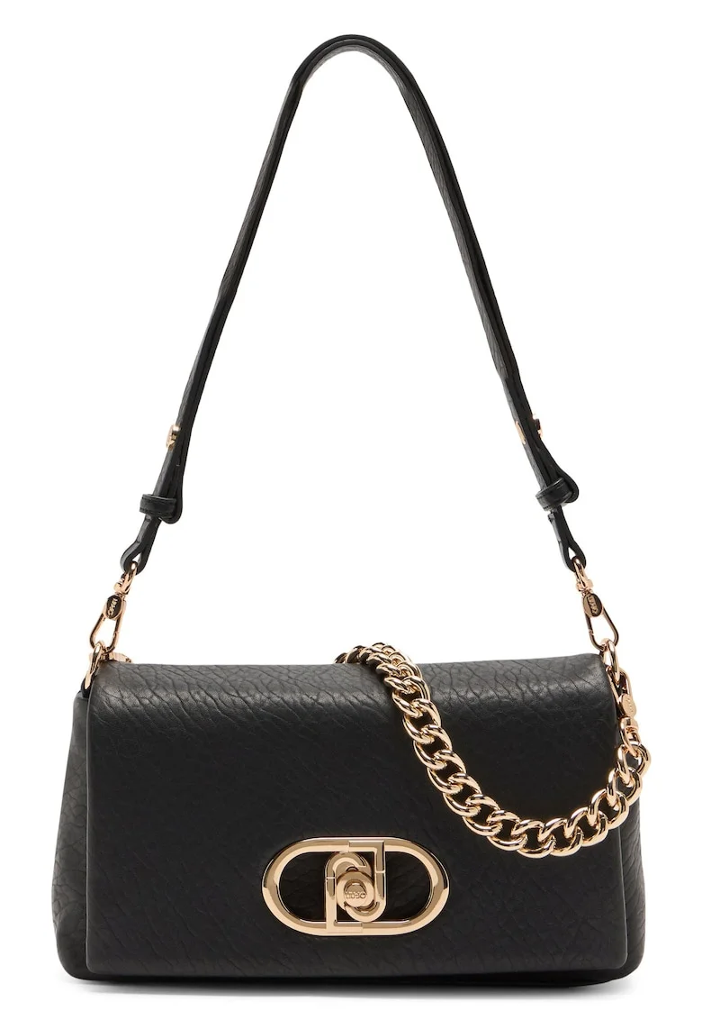 Geanta crossbody cu clapa si bareta de lant, Negru