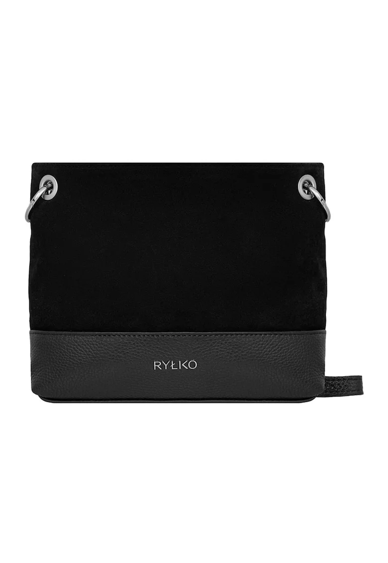 Geanta crossbody din piele si piele intoarsa cu detaliu logo, Negru