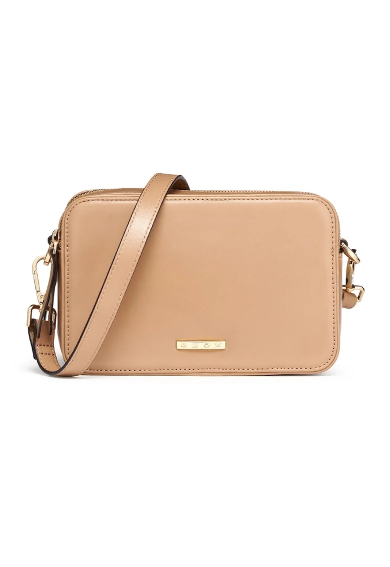 Geanta crossbody de piele cu doua compartimente, Portocaliu pal