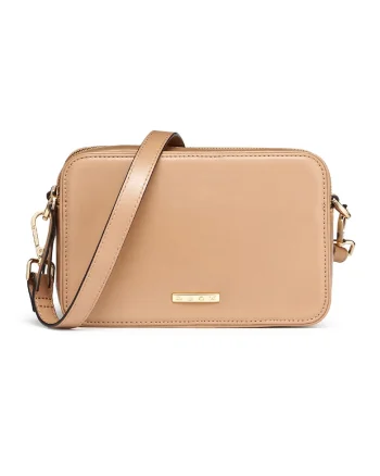 Geanta crossbody de piele cu doua compartimente, Portocaliu pal