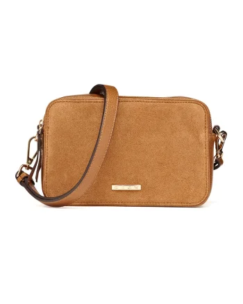Geanta crossbody de piele si piele intoarsa, Ocru