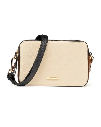 Geanta crossbody de piele cu doua compartimente, Alb fildes/Portocaliu stins
