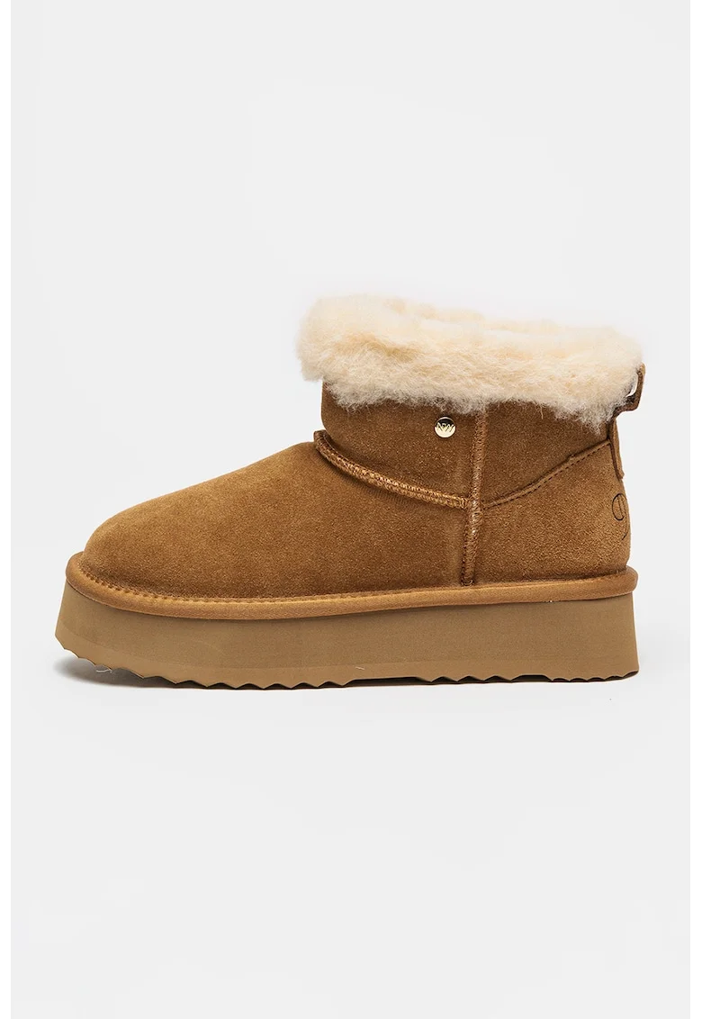 Ghete slip-on din piele intoarsa cu captuseala din blana sintetica Elena, Maro camel